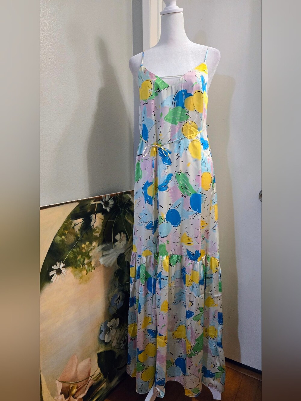 Topshop Sleeveless Colorful Tripical Print Maxi Dress with Tie Waist Size 2